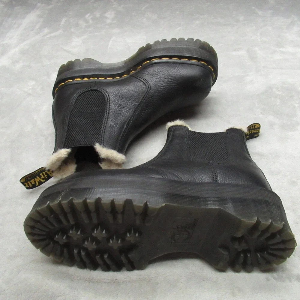 Dr Martens Unisex W5 M4 Boots Black‎ Leather Quad Platform Lug Faux Fur Chelsea